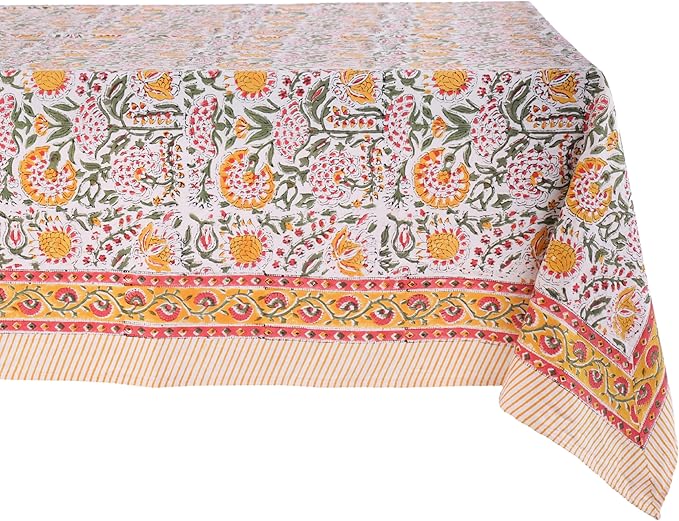 ATOSII Clover Yellow 100% Cotton Rectangle Fall Tablecloth, Handblock Floral Print Linen Table Cloth for Kitchen Dining I Parties, Outdoors, Christmas, Thanksgiving I 72 X 108 Inches I 8 Seater
