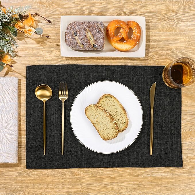 SHACOS Washable Cloth Placemats Set of 4 Cotton Linen Double Layer Thickened Machine Washable Table Mats Non Slip Heat Resistant Fabric Place Mats for Dining Table, Black