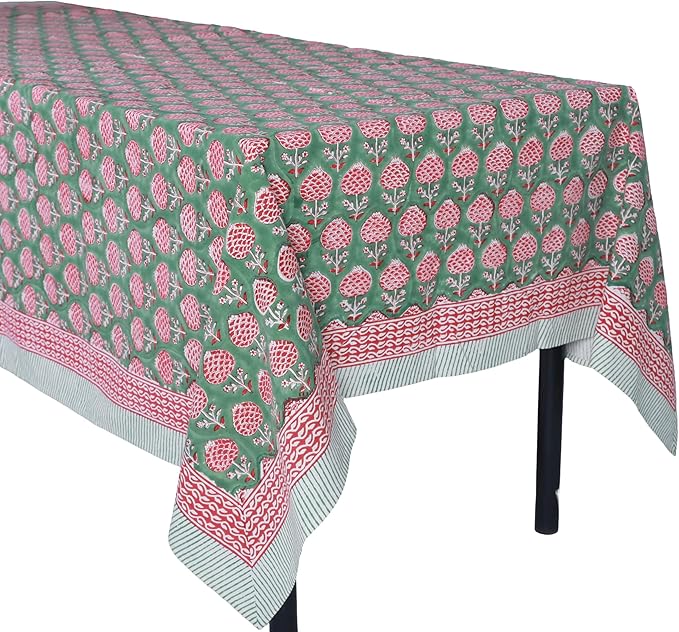 ATOSII Roma Green 100% Cotton Rectangle Spring Summer Tablecloth, Handblock Floral Table Cloth Linen for Kitchen Dining I Parties Wedding Outdoors Easter Picnics Holidays I 72 X 140 Inches I 12 Seater