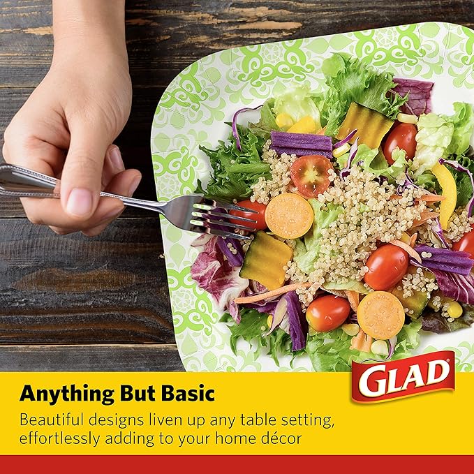 Glad Square Disposable Paper Plates, Green Victorian Pattern - Strong, Sturdy, Soak Proof, and Microwavable Decorative Plates for Dinner and Everyday Use, 10 Inch, 50 Count