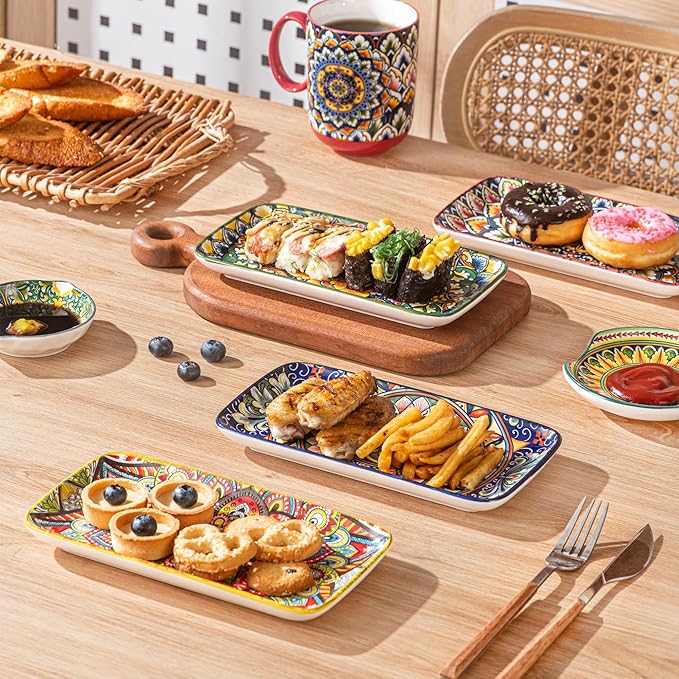 Henten Home Porcelain 8 Inch Dessert Plates, Ceramic Rectangular Salad Plate Set of 6, Bohemian Serving Dishes for Sushi, Appetizer, Cake, Sashimi, Microwave & Dishwasher Safe