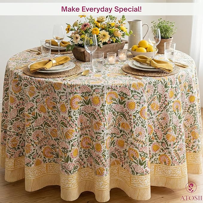 ATOSII Clover Yellow 100% Cotton Round Tablecloth, Handblock Print Floral Table Cloth for Kitchen Dining Linen I Parties, Weddings, Outdoors, Christmas, Thanksgiving I Fall Home Decor 60" Inches Round