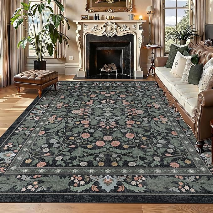 Dark Green Floral 8x10 Area Rugs for Living Room Large Washable Rug Vintage Forest Low Pile Non Slip Stain Resistance Soft Carpet for Dining Room, Bedroom, Kids Room, Nursery Room, Playroom
