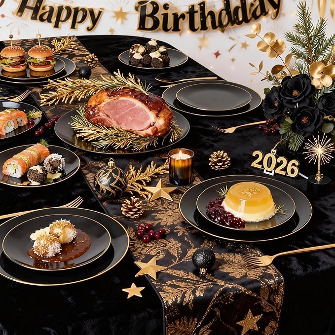 I00000 150Pcs Black Plastic Plates, Black Disposable Plates, Heavy Duty black plates for 30 Guests,Plastic Dinnerware Set Include 30 Dinner Plate,30 Dessert Plate,90 Gold Cutlery Set for Party