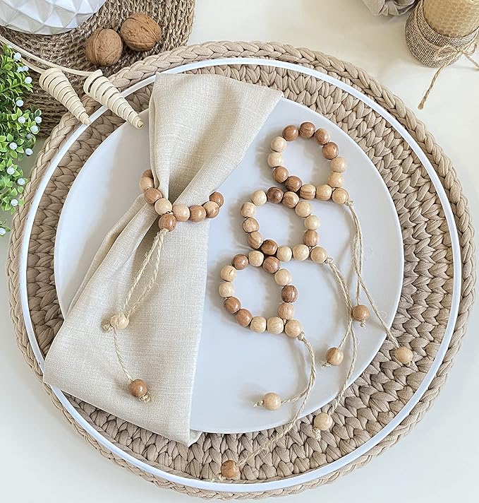 Napkin Rings Set of 6 - Wood Beaded Napkin Rings - Natural Rustic Wooden Napkin Holder Ring for Table - Handmade Wooden Beads Napkin Ring with Jute Twine - Farmhouse Napkin Ring