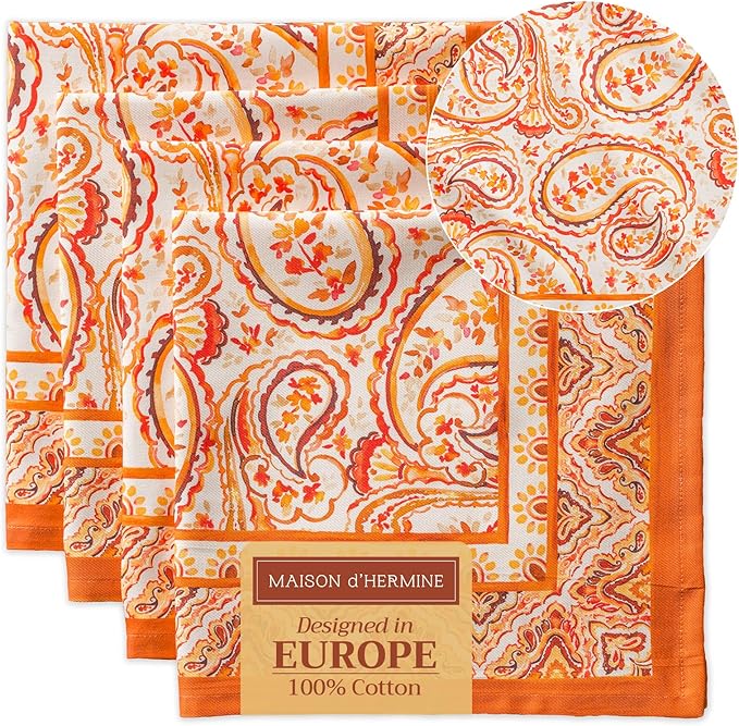 Maison d' Hermine Cloth Napkins Set of 4 100% Cotton for Thanksgiving Christmas Decorations Everyday Reusable Square Fall Napkins Cloth Washable Dinner Party (Palatial Paisley, 20"x20")