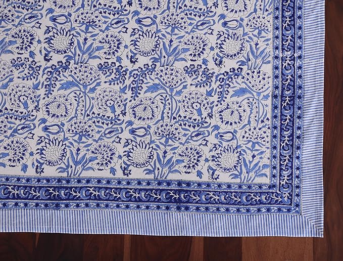 ATOSII Indigo Bloom 100% Cotton Rectangle Fall Tablecloth, Handblock Floral Linen Table Cloth for Dining Table I Parties Christmas Thanksgiving Grand Millennial Home Decor 72 X 120 Inches I 10 Seater