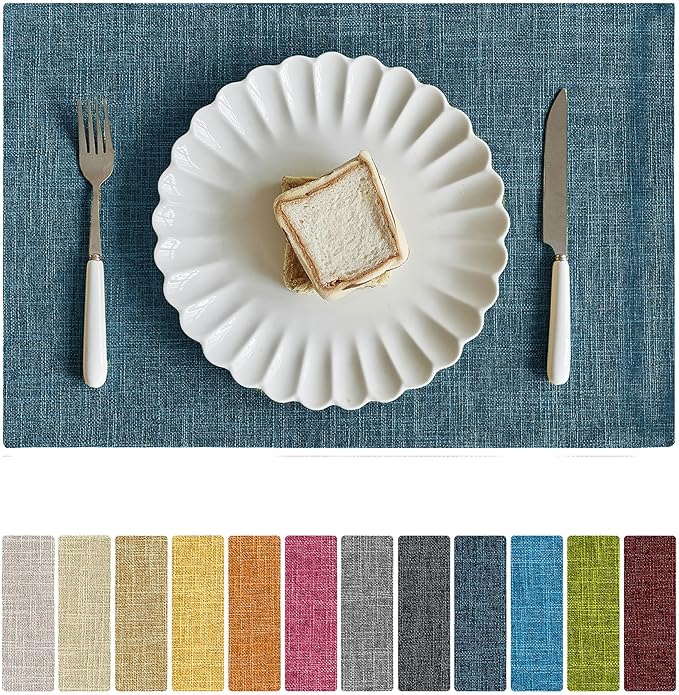 Softalker Faux Linen Placemats Set of 4-12 x 18 Inch, Heat Resistant Double Layered Durable Burlap Farmhouse Place Mats, Non-Slip Washable Rustic Table Mats for Dining, Kitchen, Party（Teal