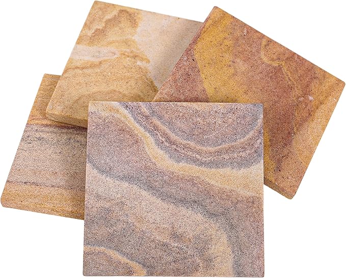Sandstone Water Absorbent Hand Crafted Square Coasters for Drinks - 4 Inches Wide Thirsty Stone Bar/Drink Coasters- Made from Rainbow Sandstone (Set of 4 with Holder)