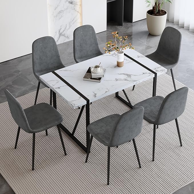 7 Piece Dining Table Set for 6,Modern Rectangle Dining Table and Fabric Dining Chairs 6,Kitchen Table and Chairs for 6,Ideal for Kitchen Dining Room