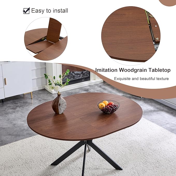 Round Dining Table Set for 6｜42"-54" Extendable Dining Room Table Set｜Wooden Kitchen Table with 6 Chairs｜Mid Century Modern Dinner Table Set with Cross Legs｜Easy Assembly｜Space Saving