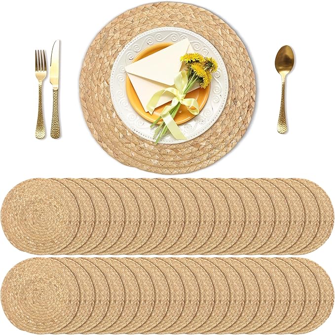 Kochorie Set of 36 Round Woven Placemats 12-Inch Natural Water Hyacinth Plant Placemats Hand-Woven Boho Rattan Placemat Wicker Weave Table Mats for Home Table Farmhouse