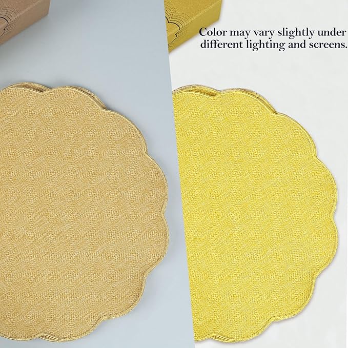AHHFSMEI Round Faux Linen Placemats Set of 8 Waterproof Table Mats Heat Resistant Non-Slip and Stain Proof for Kitchen Dining Elegant Decor (Yellow,8)