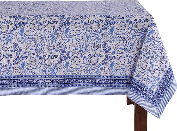 ATOSII Indigo Bloom 100% Cotton Rectangle Fall Tablecloth, Handblock Floral Linen Table Cloth for Dining Table I Parties Christmas Thanksgiving Grand Millennial Home Decor 72 X 140 Inches I 12 Seater