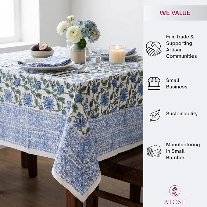ATOSII Taj 100% Cotton Summer Tablecloth, Block Print Floral Rectangle Table Cloth for Dining Table I Parties Wedding Outdoors, Grand Millenial Decor 60 X 108 Inches I 8 Seater