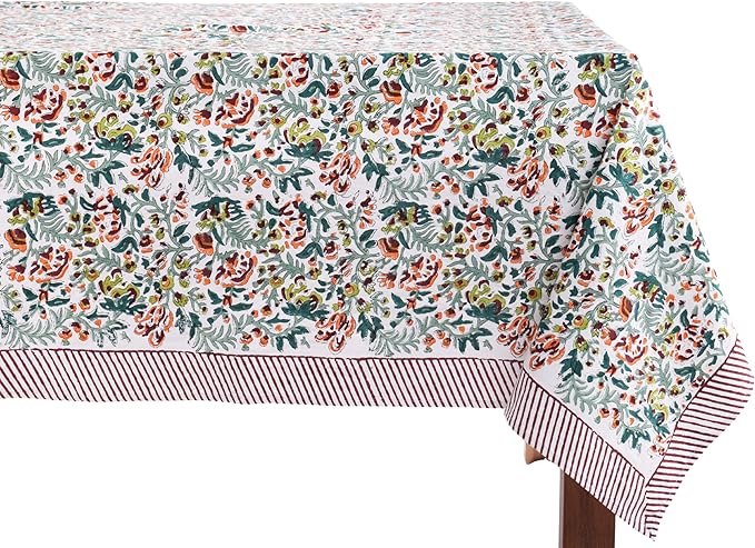 ATOSII Ambrosia Green 100% Cotton Boho Rectangle Spring Tablecloth, Handblock Floral Print Table Cloth Linen for Kitchen Dining I Parties Outdoors Weddings Easter Picnics I 72 X 108 Inches I 8 Seater