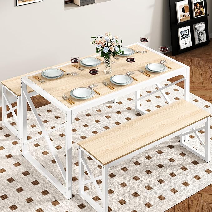 VECELO Kitchen Dining Table Sets for 6, 55" Wood Dinette 2 Benches with Metal Frame for Dinner Breakfast Nook and Small Space, Oak
