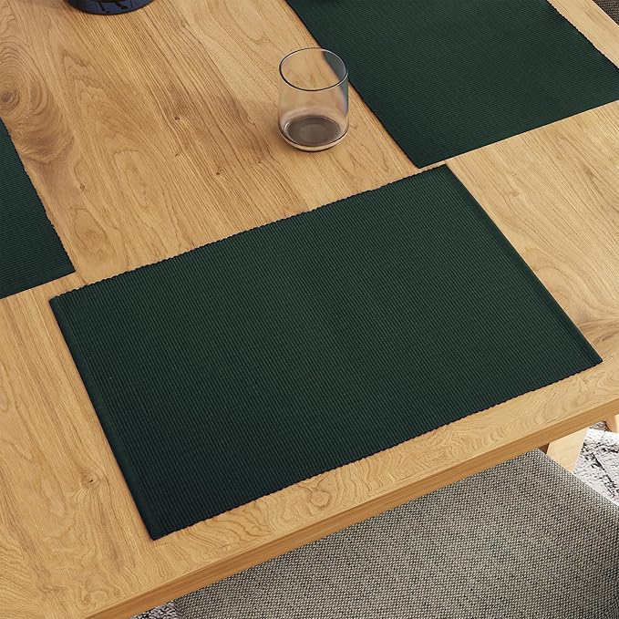 Encasa XO Dining Placemat Set of 6 | Dark Green Color | Fine Ribbed Cotton Table mat | Size 19x13 in | Machine Washable