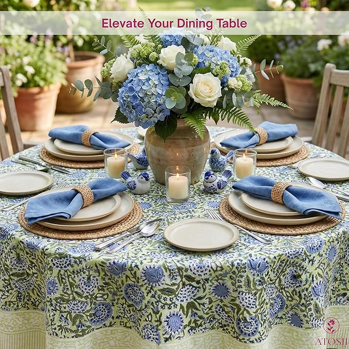 ATOSII Amara 100% Cotton Round Summer Tablecloth, Handblock Print Floral Table Cloth for Kitchen Dining Linen I Parties, Weddings, Outdoors I Grand Millennial Farmhouse Home Decor 72" Inches Round