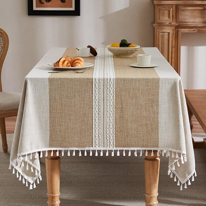 ZeeMart Contrast Linen Table Cloth Square Table Cloths 60x60 Inch Mid-Stripe Brown, Farmhouse Style Heavy Weight Beige Tablecloth, Water Resistant Burlap Tablecloths