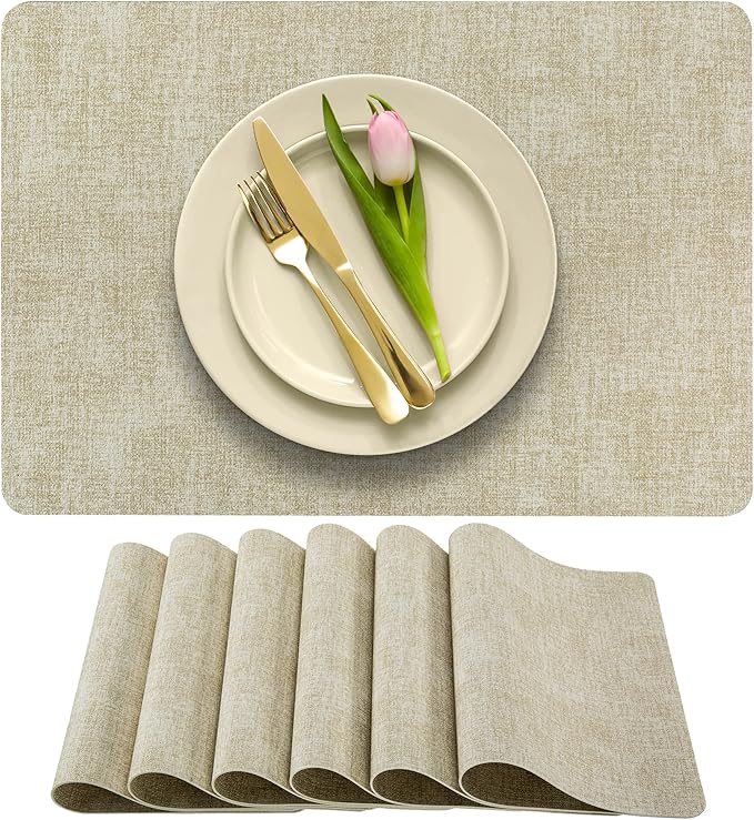 More Décor Faux Leather Placemats Set of 6 for Dining Table – Waterproof, Wipeable, Washable, Stain & Heat Resistant, Non-Slip Table Mats – 12 X 17 Inch, Beige