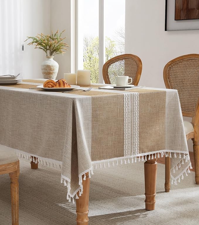 ZeeMart Contrast Linen Table Cloth Rectangle Table Cloths 60x84 Inch Mid-Stripe Brown, Farmhouse Style Heavy Weight Beige Tablecloth, Water Resistant Burlap Tablecloths