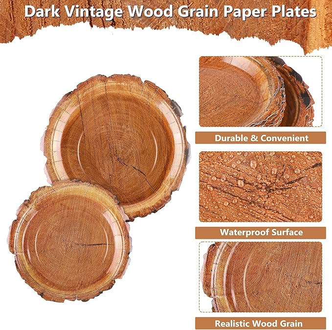 Kochorie 96 Pieces Wood Grain Slice Tableware Sets Rustic Wood Party Supplies Including Paper Plates, Napkins, Cups, Serves 24 for Camping Birthday Hunting Forest Party Decorations