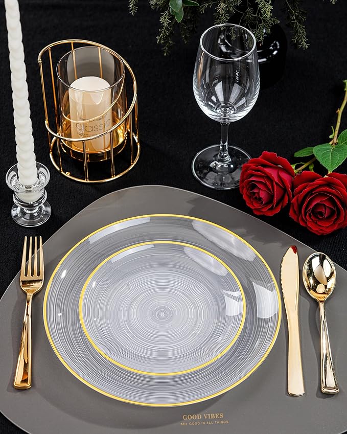 Morejoy 100Pcs Clear Plastic Plates,Clear Disposable Plates With Gold Rim,Heavy-duty Gold Plate, Modern swirl design Plate Include 50Clear Dessert-Platos,50Dinner-Platos for Party&Christmas