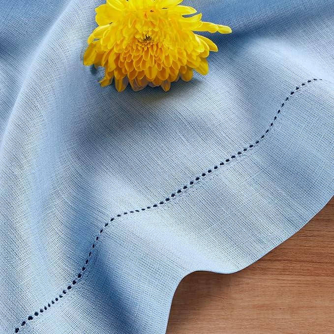 Solino Home Cornflower Blue Linen Tablecloth 60 x 132 Inch - 100% Pure Linen Hemstitch Table Cloth for Rectangle Tables - Classic Hemstitch, Machine Washable Tablecloth for Winter, Spring, Easter