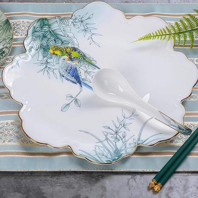 51 Pcs Fine Bone China Dinnerware Set,Porcelain&Ceramic Dinnerware Sets,Bone Stoneware & Ceramic Cookware Tableware Set Includes Dinner Plates|Spoons|Pasta Bowls|Soup Pot|Chopsticks