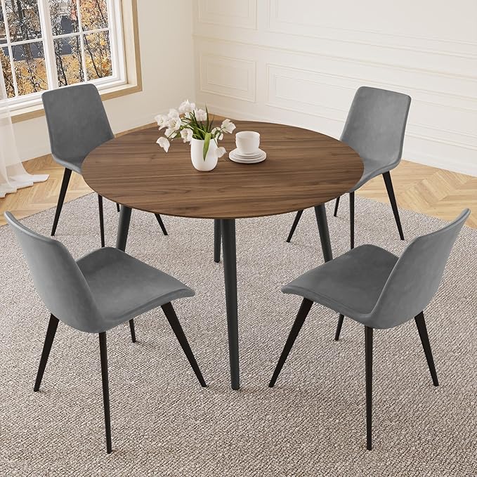 43.3 Inch Round Dining Table Set for 4, Modern Small Kitchen Coffee Set for Dining Room Kitchen Apartment (Walnut Table + 4 Grey Chairs)