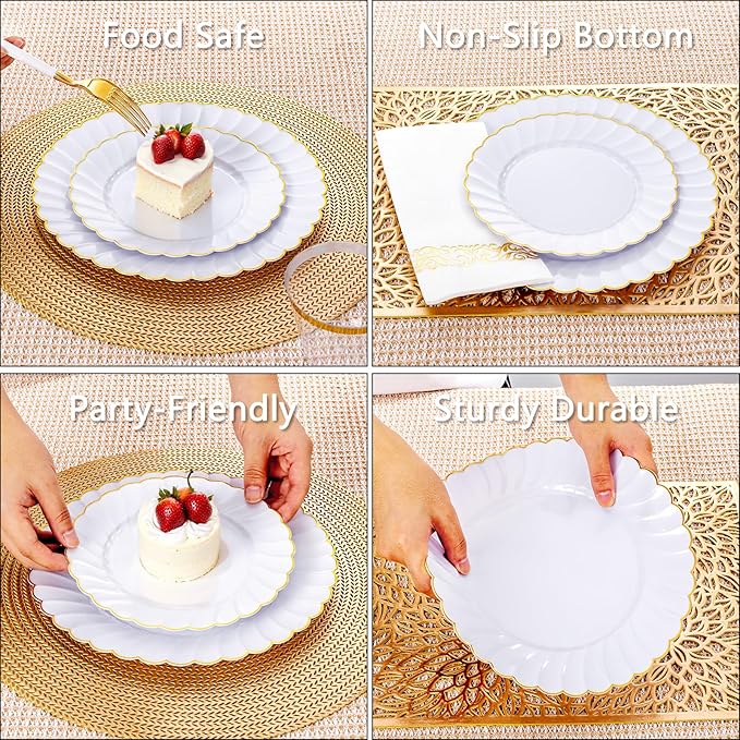 Ciaell 175 PCS White Scalloped Plastic Plates with Gold Trim - Gold Plastic Silverware with Handle - Fancy High-End Dinnerware Sets for Wedding & Party(25 Guests)