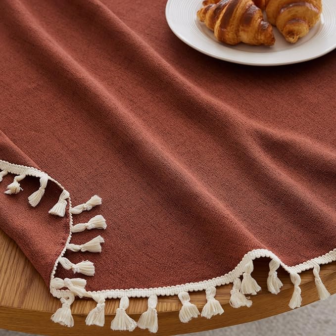 Linen Tablecloth with Tassels, Farmhouse Style Terracota Tablecloth, Water Resistant Burlap Tablecloths for Round Table, 52 Inch Round Terracota