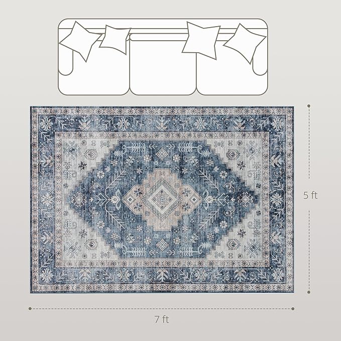 HOMCOM Washable Area Rug, 5'x7' Vintage Indoor Distressed Carpet, Retro Floor Cover Foldable, Floral Print Mat for Living Room, Bedroom, Dining Room, Blue
