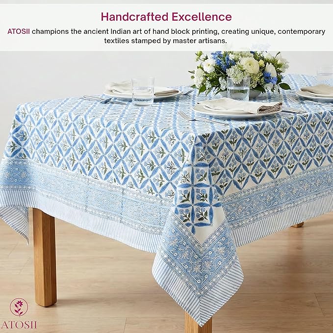 ATOSII Netta Blue 100% Cotton Rectangle Summer Tablecloth, Handblock Floral Print Linen Table Cloth for Kitchen Dining I Parties, Weddings, Outdoors, Decor 60 X 90 Inches, 6 Seater