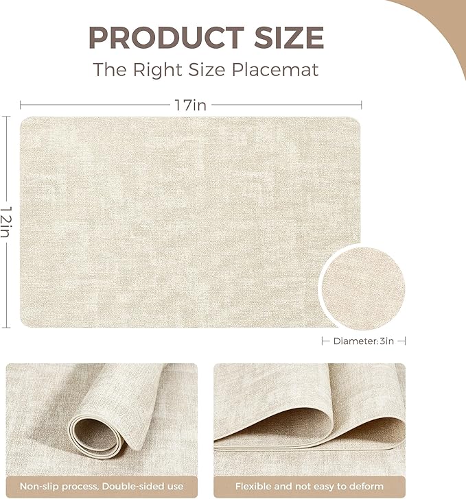 Vinyl Placemats Set of 8, Faux Leather Waterproof and Heat Resistant Place Mats, Washable Anti-Slip Table Mats with Coaster, Wipeable Placemats for Indoor & Outdoor 17" x 12" (Beige, Set of 8)
