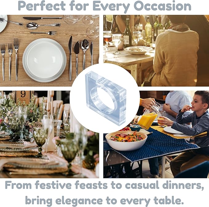 CLEENTABLE Acrylic Set of 12 Square Beveled Napkin Ring - Cloth Napkin Rings Serviette Buckles for Wedding, Birthday, Banquet, Table Décor, Home Décor, Gifting (Transparent)