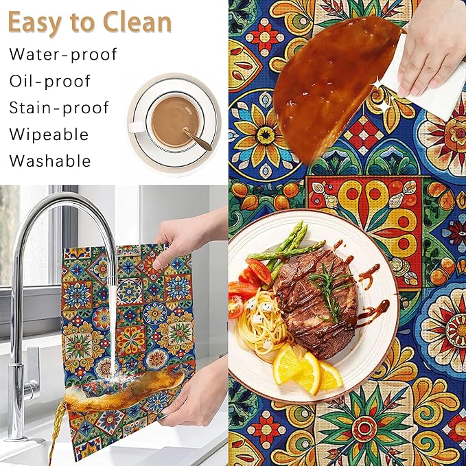 Mexican Tile Placemats Set of 6,Geometric Floral Table Mates Non-Slip Heat Resistant Washable Linen Place Mats for Party Kitchen Dining Decoration Indoor Outdoor 12"x18"