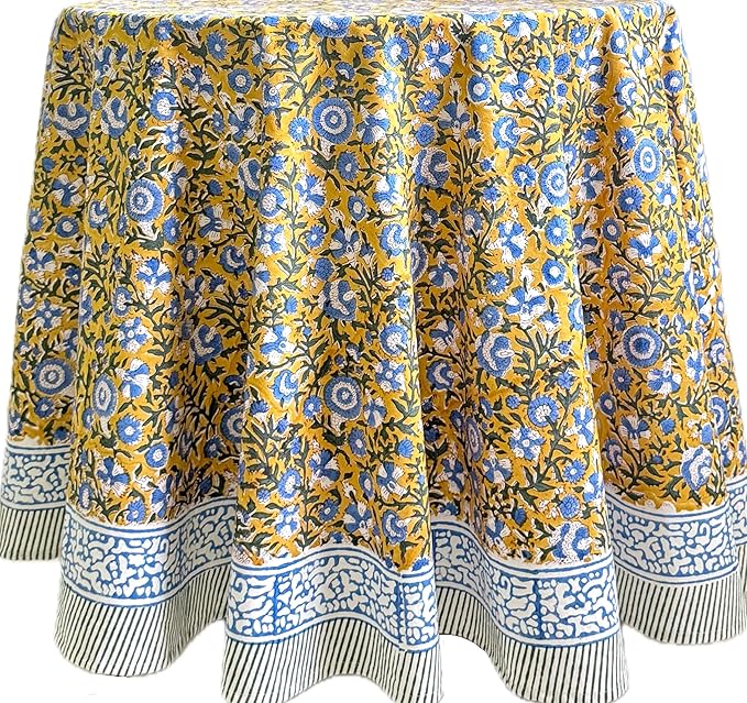 ATOSII Marigold Blue100% Cotton Round Tablecloth, Block Print Floral Table Cloth for Dining, Parties, Weddings, Outdoors, Holidays I 72" Inches, 4 Seater I Grandmillennial Farmhouse Spring Summer Boho