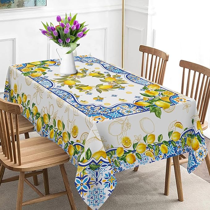 Lemon Tablecloth 60 x 84 Inch Rectangle, Yellow and Blue Mediterranean Summer Decor Tile Flower Pattern Table Cloth Italian Themed Decor for Party Oblong Table Cover for Dining Room