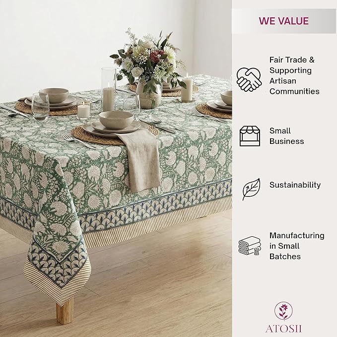 ATOSII Jade 100% Cotton Boho Square Summer Tablecloth, Block Print Floral Table Cloth Linen for Dining, Parties, Weddings, Outdoors Table Decor I 60 X 60 Inches I 4 Seater I
