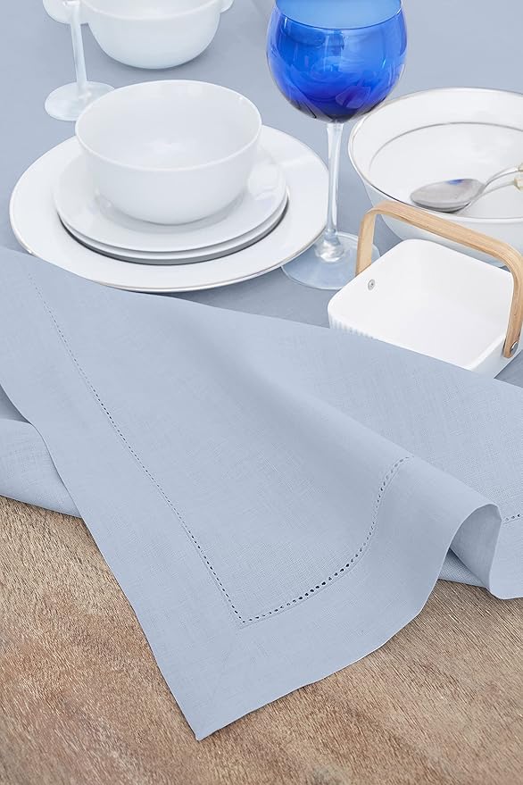 Solino Home Linen Tablecloth 60 x 120 Inch - Classic Hemstitch 100% Pure Linen Sky Blue Table Cloth for Rectangle Tables - Machine Washable Tablecloth for Spring, Easter