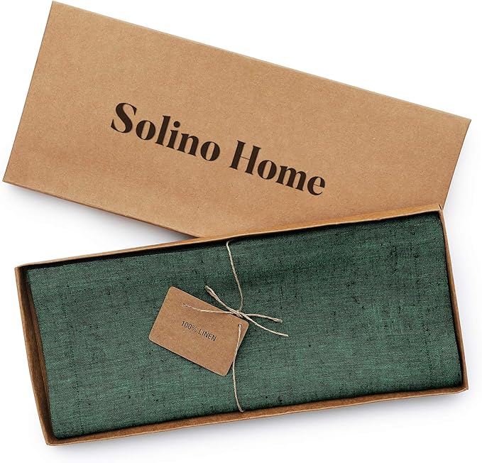 Solino Home Linen Table Runner 72 Inches Long - Athena, 100% Pure Linen Forest Green Dining Table Runner 14 x 72 Inch for Winter, Easter, St Patricks Day - Handcrafted and Machine Washable