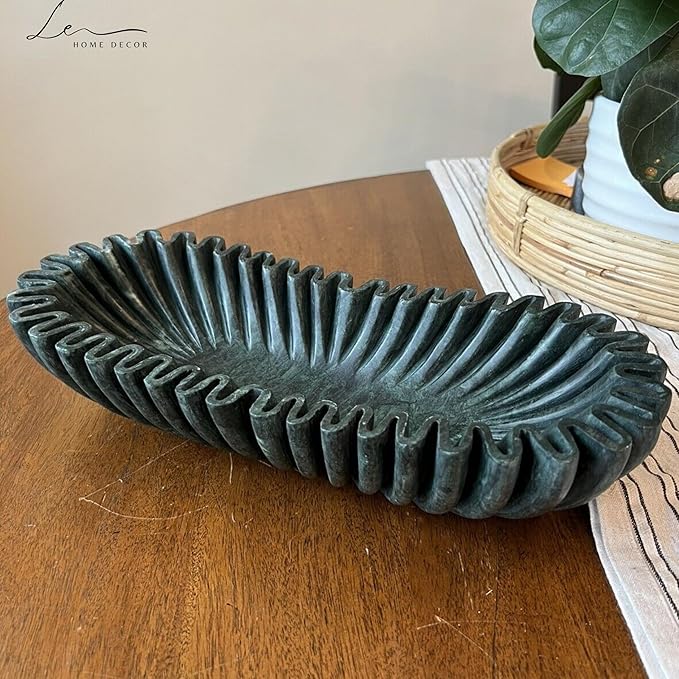 Handmade Oval Fluted Marble Bowl, Table Centerpiece Decorative Marble Bowl, Green Large Ruffle Bowls for Table Centerpiece