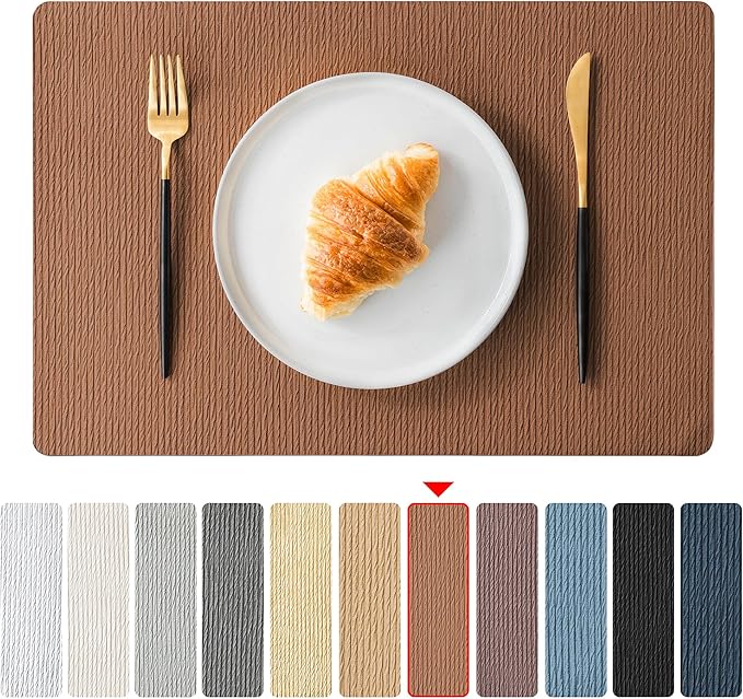Jovono Faux Leather Placemats Set of 6, Waterproof Washable Table Mats, Easy-Clean Heat Resistant Kitchen Vinyl Place Mat for Dining Table, Restaurant, Indoor, 17.8"x11.8", Brown