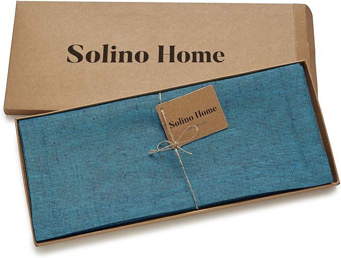 Solino Home Linen Chambray Teal Table Runner 108 Inches Long - Athena, 100% Pure Linen Dining Table Runner 14 x 108 Inch for Spring, Easter, St Patricks Day - Handcrafted and Machine Washable