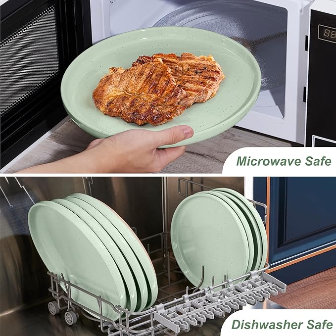 LIANYU Stoneware Dinner Plates Set of 6, 7.75’’ Ceramic Salad Plates for Dessert, Appetizer, Salad, Steak, Pizza, Round Serving Dishes for Kitchen, Microwave, Oven & Dishwasher Safe, Fog Green