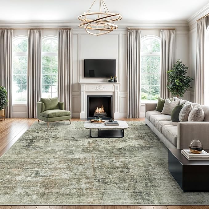 Abstract Rug 8x10 Large Living Room Neutral Modern Washable Area Rugs for Bedroom Dining Room Non-Slip Stain Resistant Foldable Thin Green Black