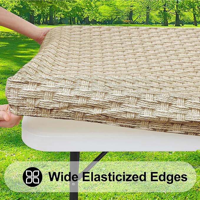 Smiry Rectangle Table Cloth Cover, Waterproof Elastic Fitted Picnic Tablecloth for 4 Foot Tables, Wipeable Flannel Backed Vinyl Tablecloths for Camping, Dining, Outdoor (Sand, 24" x 48")