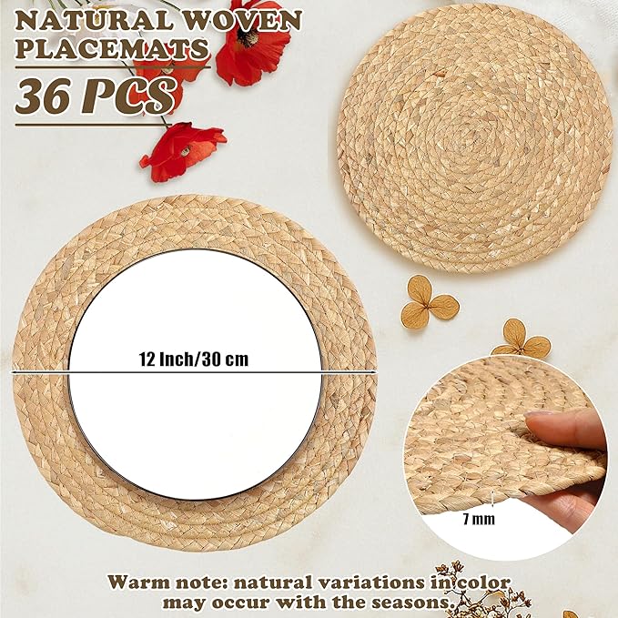 Kochorie Set of 36 Round Woven Placemats 12-Inch Natural Water Hyacinth Plant Placemats Hand-Woven Boho Rattan Placemat Wicker Weave Table Mats for Home Table Farmhouse